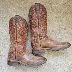 Vintage Boulet cowboy boots brown tooled leather mid calf square toe women's 6.5